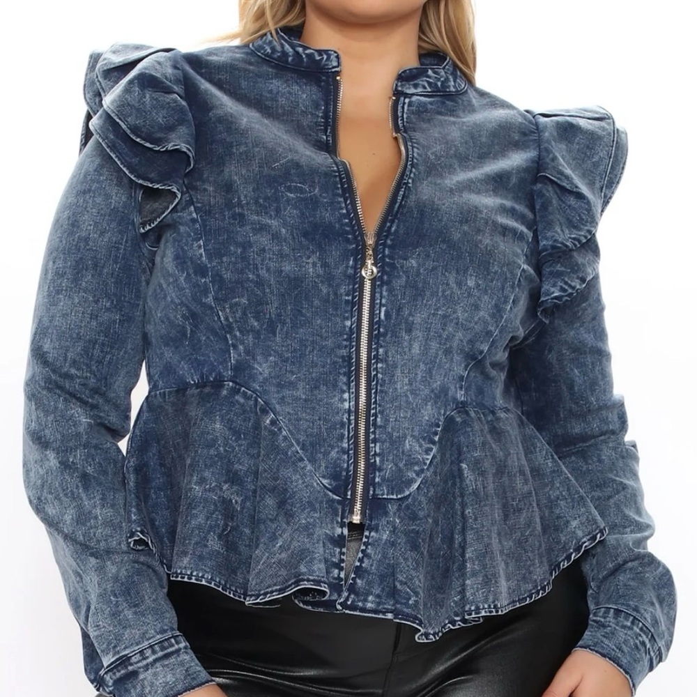 Washed Indigo Ruffled Denim Jacket - Picture 3 of 4